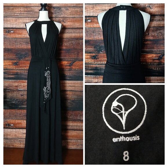 Enthousis Maxi Dress 8 Black Belted Halter Plunge Modal Viscose - Picture 1 of 8